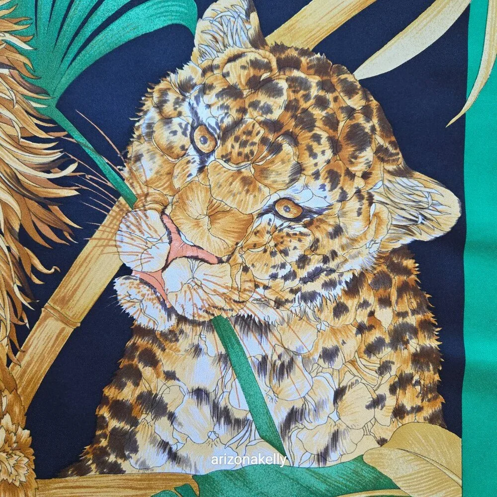 Salvatore Ferragamo Silk Carré Scarf Big Cats, Fox, Bird in Floral Style Jungle